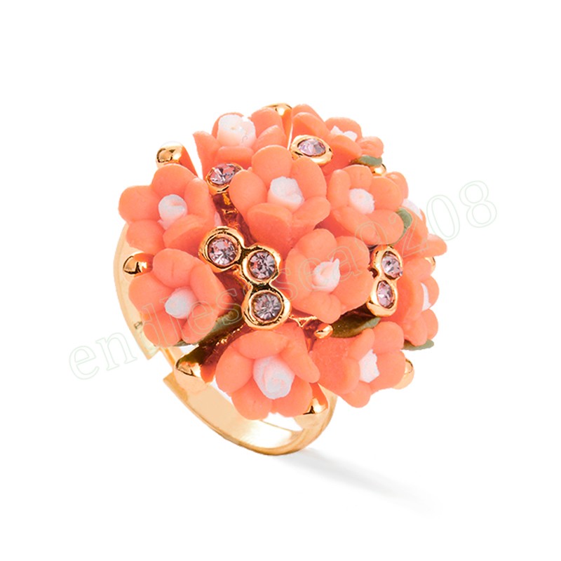 Fashion Ceramic Flower Rings Women Wedding Zircon Gold Color Finger Rings Ladies Elegent Adjustable Ring Party Jewelry Gift
