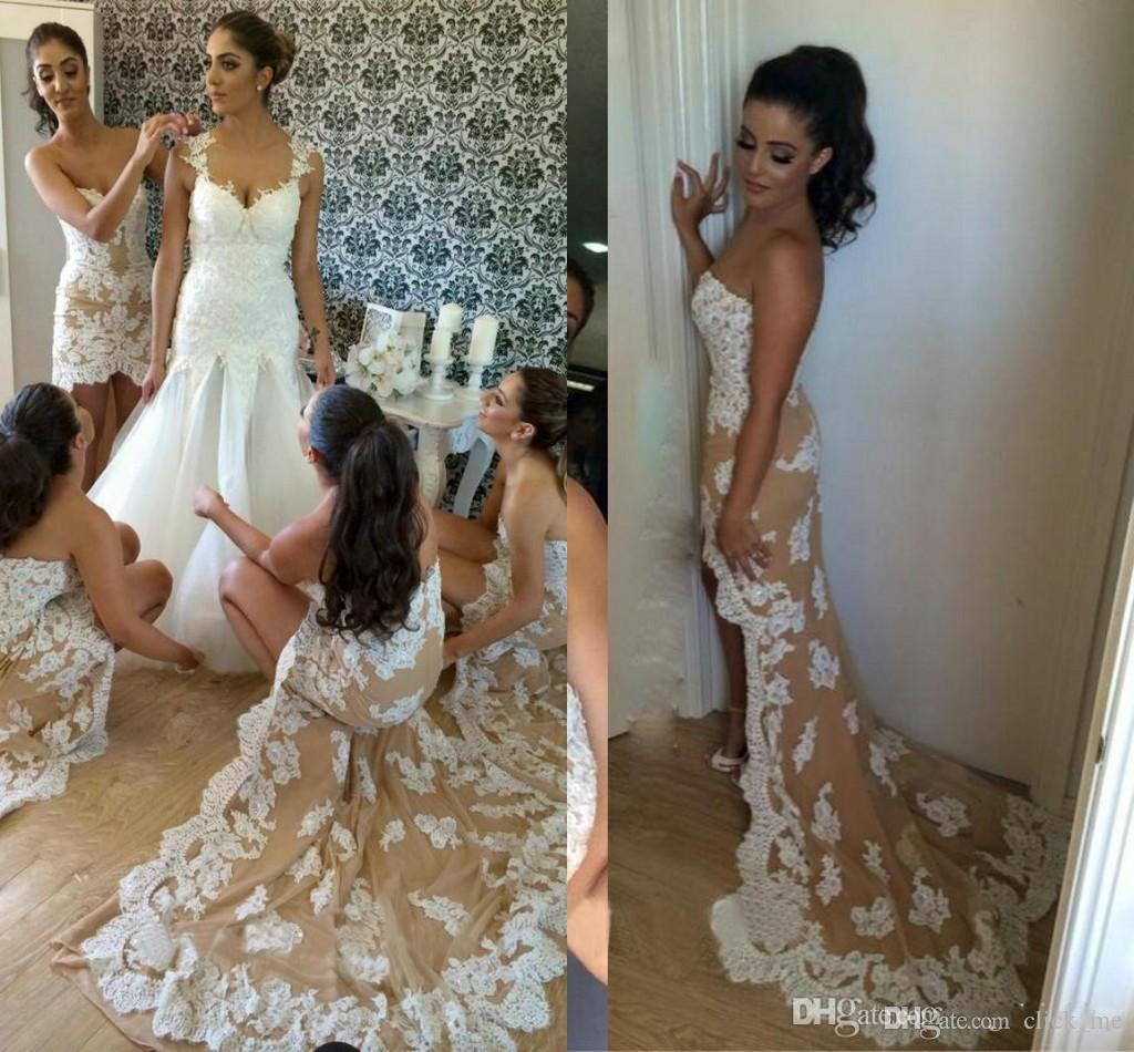 Bridesmaid 2023 Champagne Dresses Lace Applique High Low Sweep Train Sweetheart Neckline Beach Plus Size Wedding Guest Gowns Custom Made Formal Evenin
