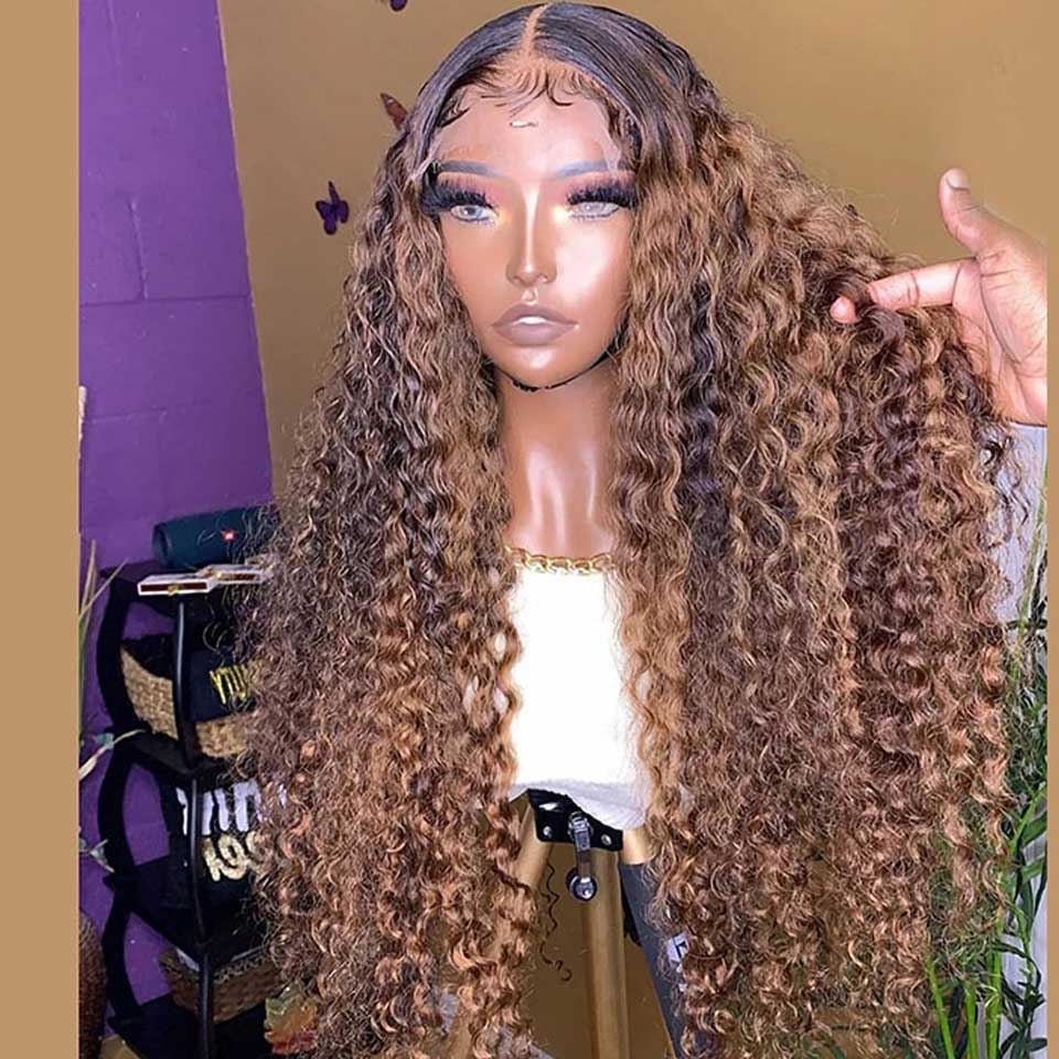 Free shipping New 180density Curly Silation Human Hair Long Deep Wave Frontal Blonde Highlight Transparent Lace Pre Plucked 360 Brazilian Wig