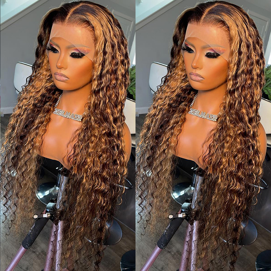 30 32 Inch Highlight Ombre Lace Frontal Wig Curly Human Hair Wigs 4/27 Colored 13x4 Deep Wave Wigs For Black Women Synthetic