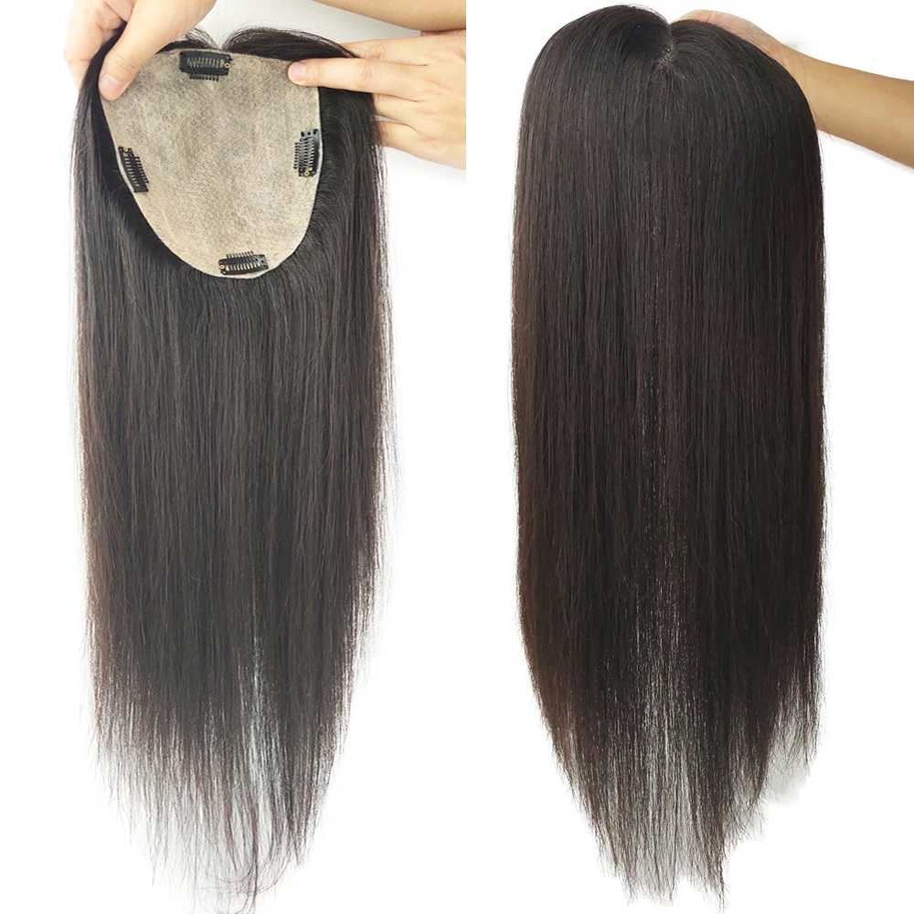 100 % Human Hair Darkest Brown Full Thin Skin Base Topper with Front Hair Line for Thinning Hair Female