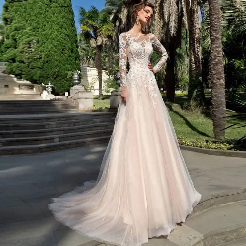 Lace Romantic Wedding Dresses Sheer Long Sleeve Appliques A Line Bridal Gowns Blush Pink Summer Boho Robe De Mariage Plus Size