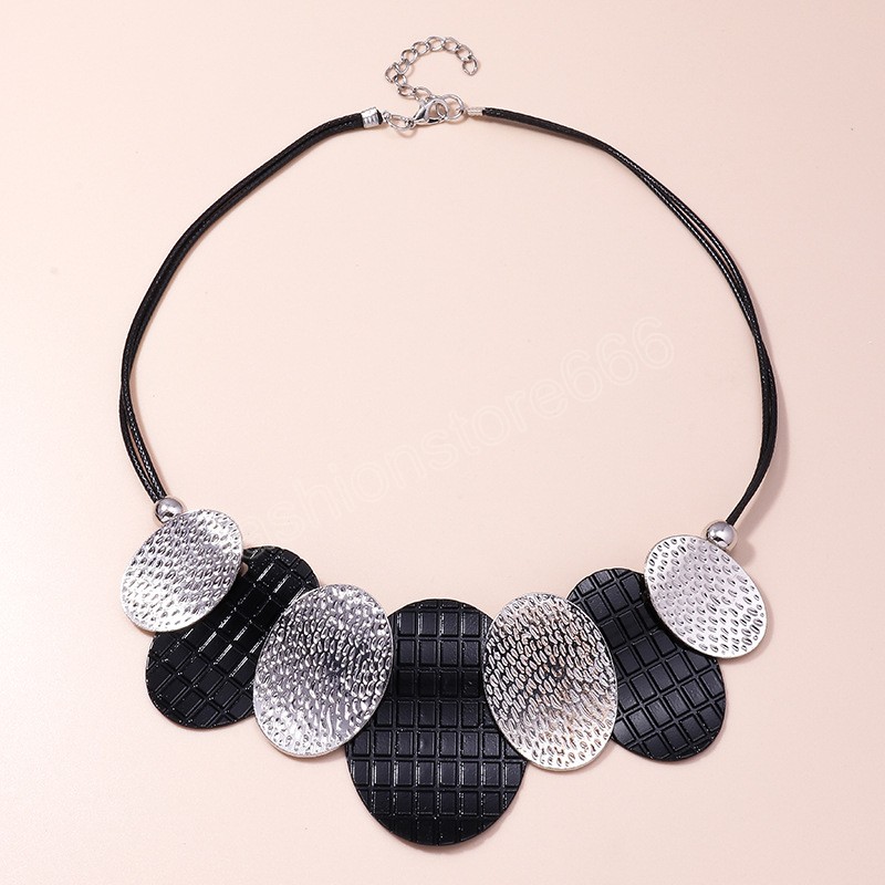 Bohemian Black PU Leather Geometric Round Pendant Necklace Vintage Simple Double Layers Statement Necklace Jewelry