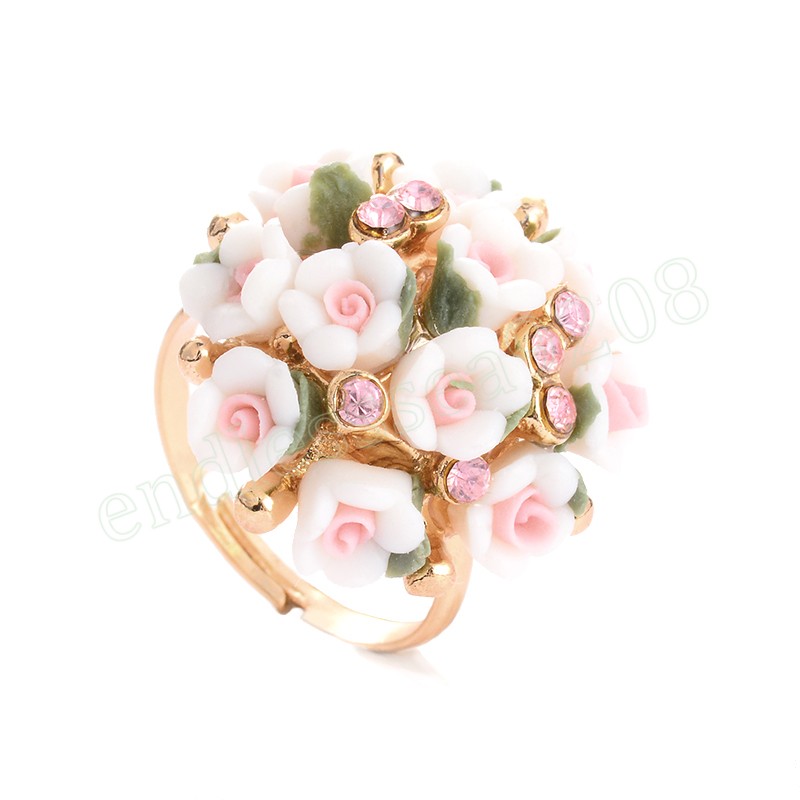 Fashion Ceramic Flower Rings Women Wedding Zircon Gold Color Finger Rings Ladies Elegent Adjustable Ring Party Jewelry Gift