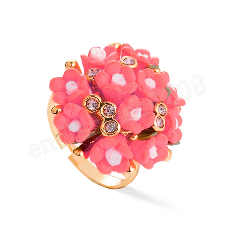 Fashion Ceramic Flower Rings Women Wedding Zircon Gold Color Finger Rings Ladies Elegent Adjustable Ring Party Jewelry Gift