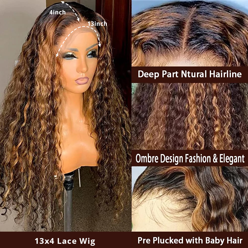 30 32 Inch Highlight Ombre Lace Frontal Wig Curly Human Hair Wigs 4/27 Colored 13x4 Deep Wave Wigs For Black Women Synthetic