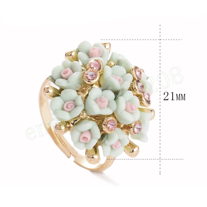 Fashion Ceramic Flower Rings Women Wedding Zircon Gold Color Finger Rings Ladies Elegent Adjustable Ring Party Jewelry Gift