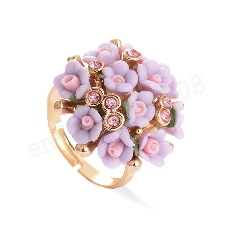 Fashion Ceramic Flower Rings Women Wedding Zircon Gold Color Finger Rings Ladies Elegent Adjustable Ring Party Jewelry Gift