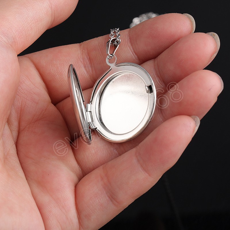 Round DIY Photo Frame Pendant Necklace For Women Men Glossy Stainless Steel Locket Necklace Couple Lover Trendy Jewelry Gift
