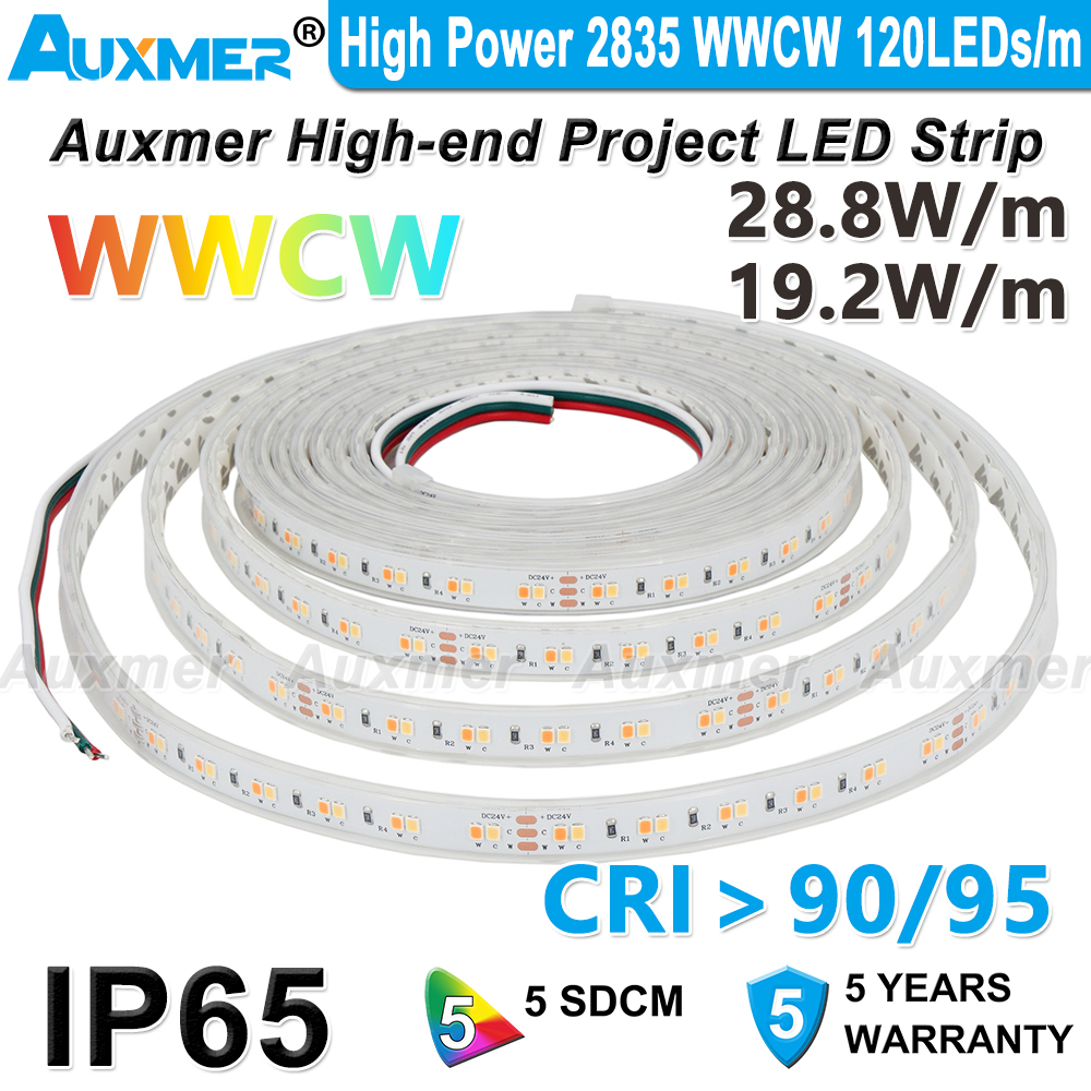 Auxmer High Power 2835 WWCW IP65 120LEDs/m LED Strip Lights CRI95 CRI90 CCT Led Strip Outdoor Waterproof for kitchen bathroom
Auxmer High Power 2835 WWCW IP65 120LEDs/m LED Strip Lights CRI95 CRI90 CCT Led Strip Outdoor Waterproof for kitchen bathroom