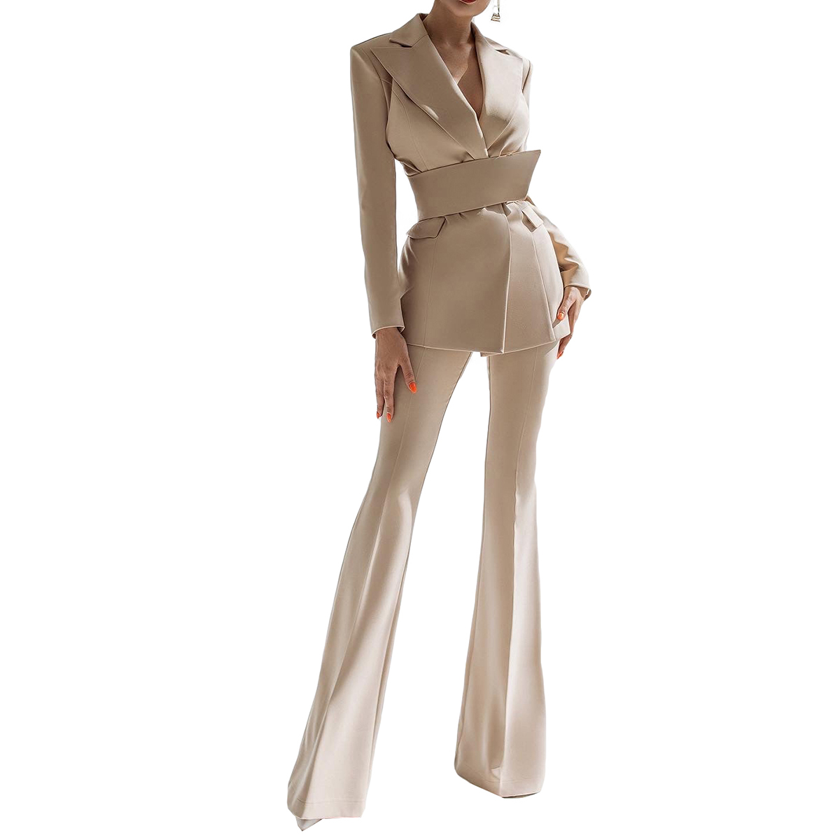 Slim Fit Women Pants Suits V Neck Loose Flared Trousers Sets High Streetwear Work Business Wear 2 Pieces