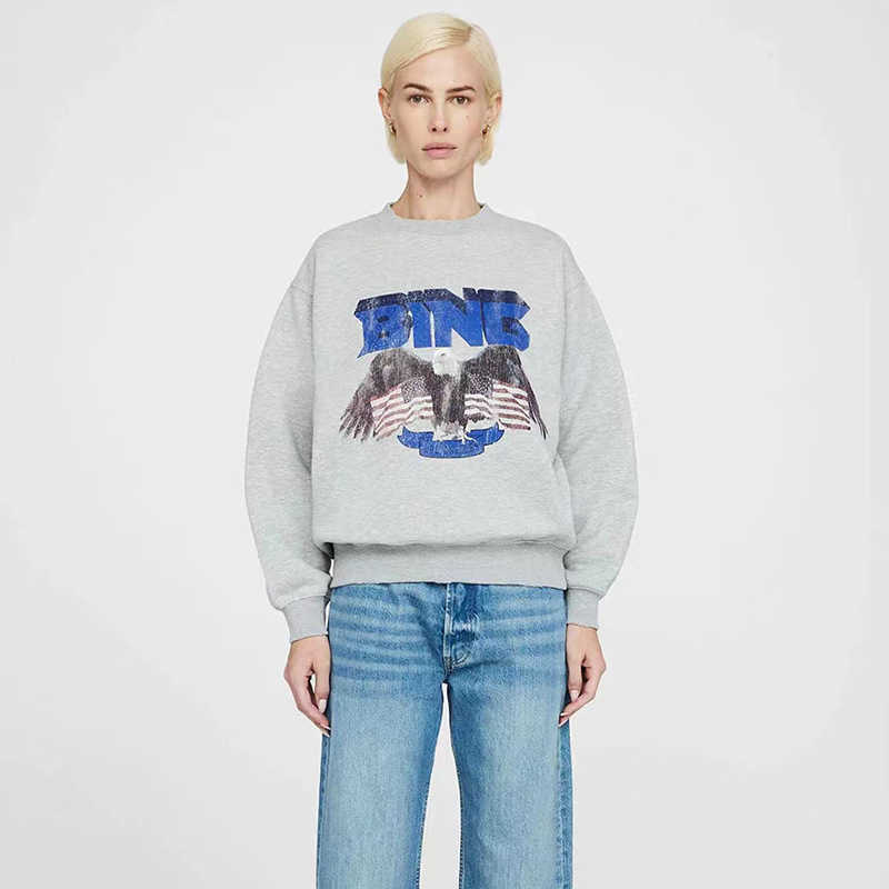 Anine Bing Women Fleece Sweatshirt Niche Classic Eagle Print Hem Worn Designer Sweater Pullover Hoodie Tops