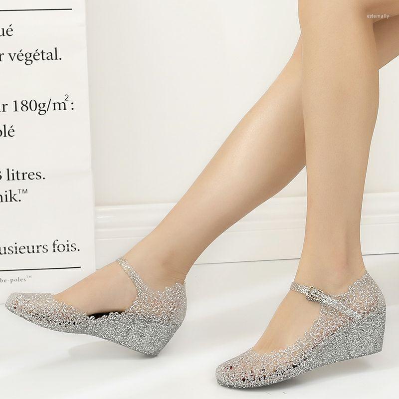 Sandals Hollow Out Flower Wedges Jelly Women Candy Shoes Woman Slippers Cover Heels Sandales Waterproof Glitter Pvc Sandalias