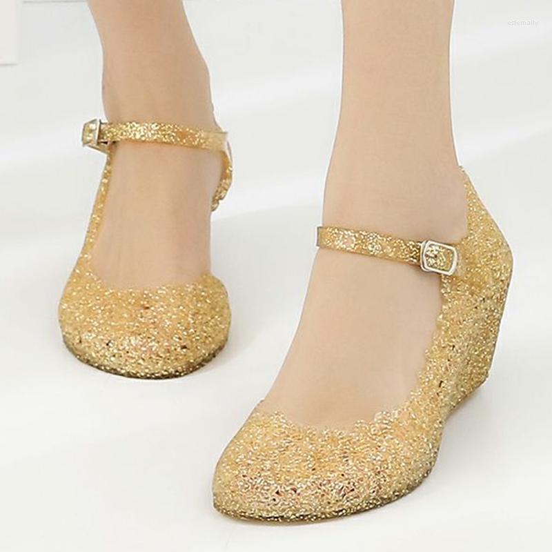 Sandals Hollow Out Flower Wedges Jelly Women Candy Shoes Woman Slippers Cover Heels Sandales Waterproof Glitter Pvc Sandalias
