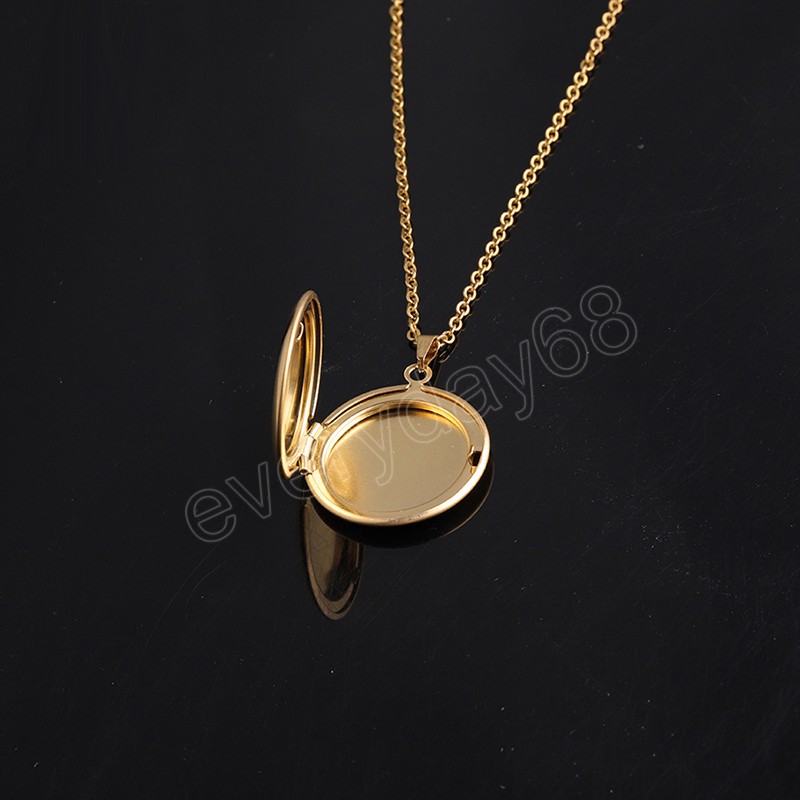Round DIY Photo Frame Pendant Necklace For Women Men Glossy Stainless Steel Locket Necklace Couple Lover Trendy Jewelry Gift