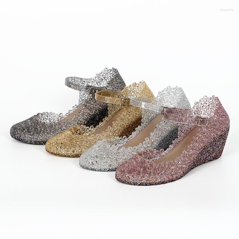 Sandals Hollow Out Flower Wedges Jelly Women Candy Shoes Woman Slippers Cover Heels Sandales Waterproof Glitter Pvc Sandalias