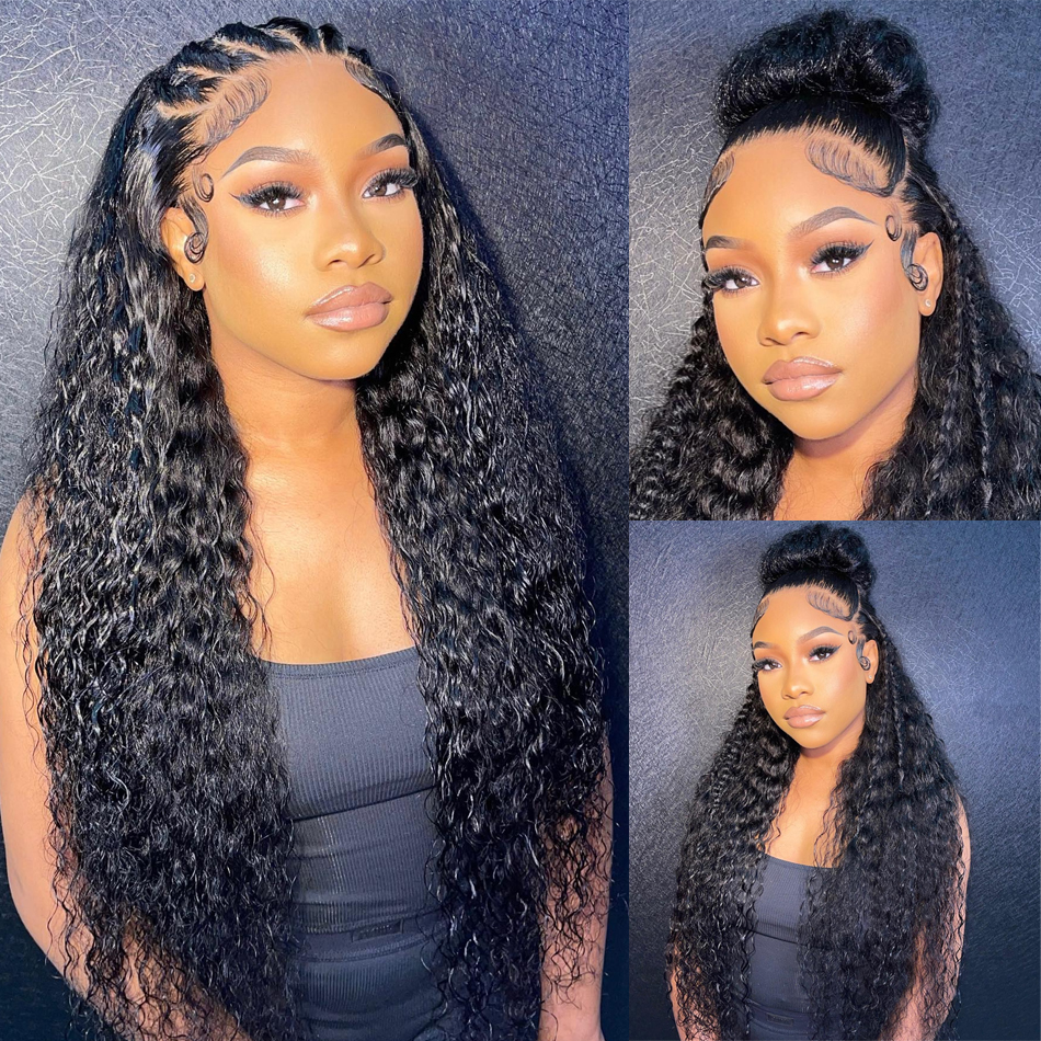 Brazilian 40 Inch Curly Lace Front Wigs 250 Density Deep Wave Lace Frontal Wig for Black Women Black/Brown /Blonde /Red/Blue Precut Wear and Go Gluele