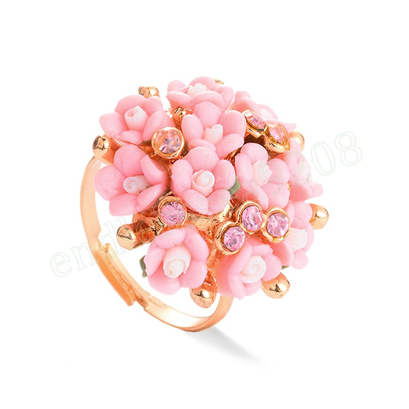 Fashion Ceramic Flower Rings Women Wedding Zircon Gold Color Finger Rings Ladies Elegent Adjustable Ring Party Jewelry Gift