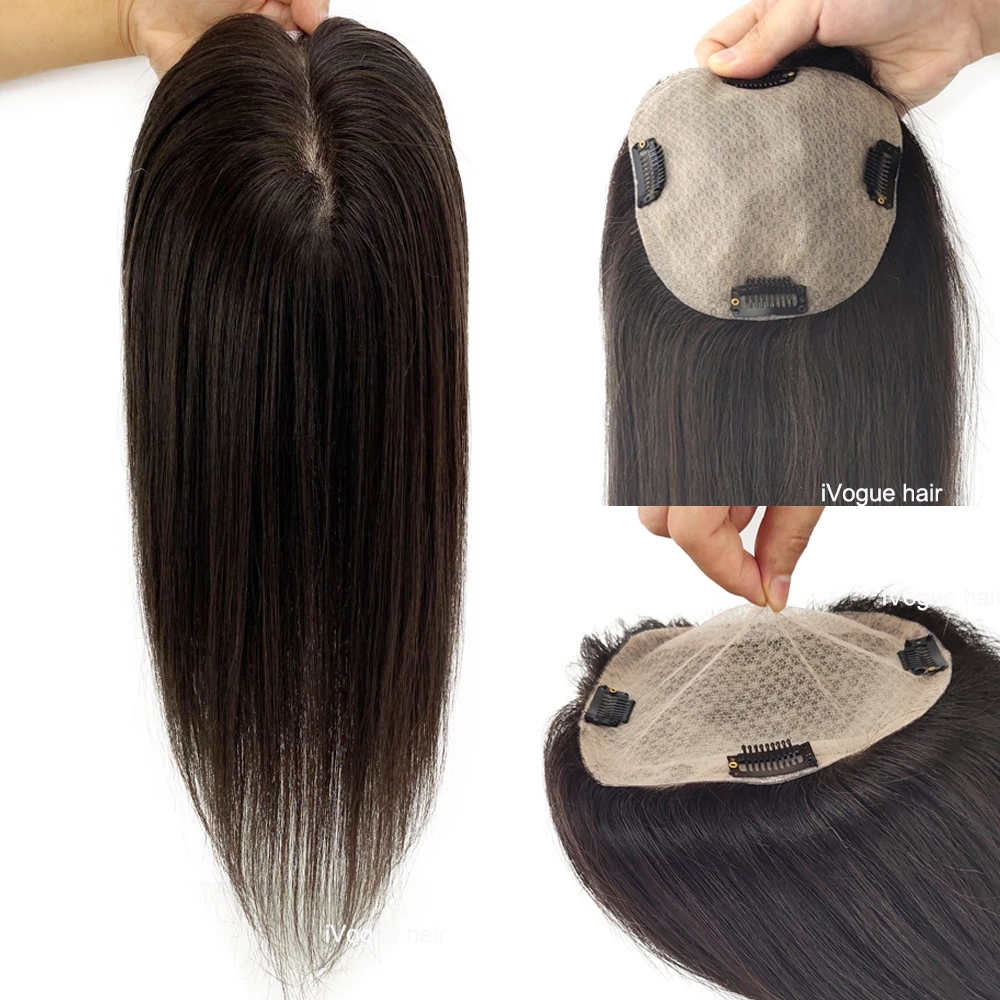 100 % Human Hair Darkest Brown Full Thin Skin Base Topper with Front Hair Line for Thinning Hair Female