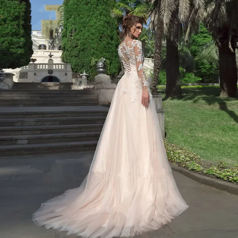 Lace Romantic Wedding Dresses Sheer Long Sleeve Appliques A Line Bridal Gowns Blush Pink Summer Boho Robe De Mariage Plus Size