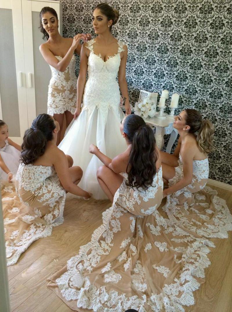 Bridesmaid 2023 Champagne Dresses Lace Applique High Low Sweep Train Sweetheart Neckline Beach Plus Size Wedding Guest Gowns Custom Made Formal Evenin