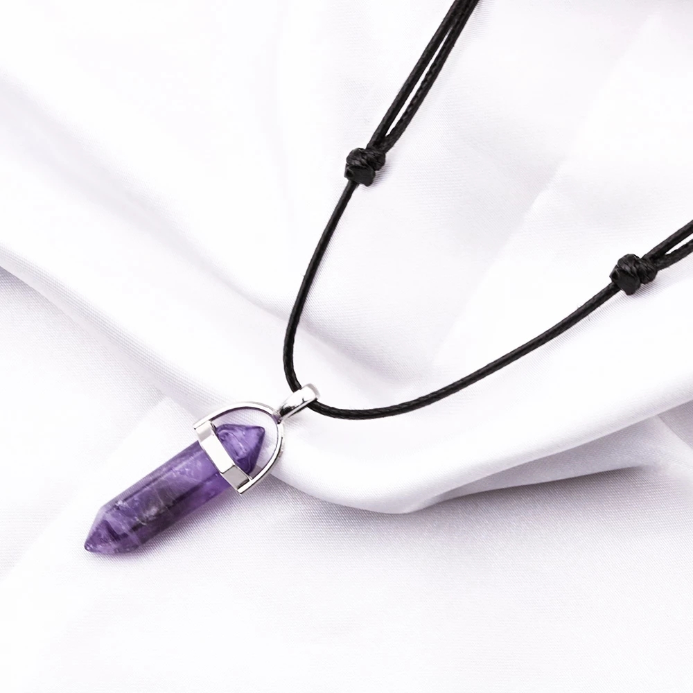 32 Styles Natural Tiger Eye Rose Quartz Amethyst Hexagonal Column Stone Adjustable Necklaces Fashion Jewelry for Men Women