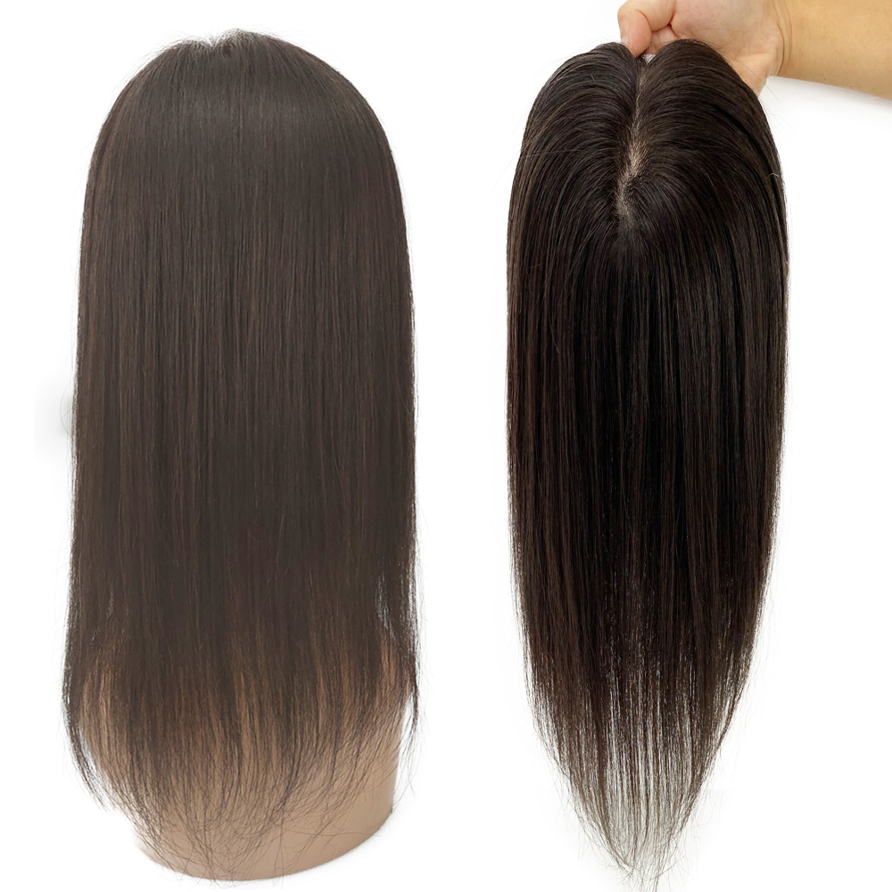 100 % Human Hair Darkest Brown Full Thin Skin Base Topper with Front Hair Line for Thinning Hair Female