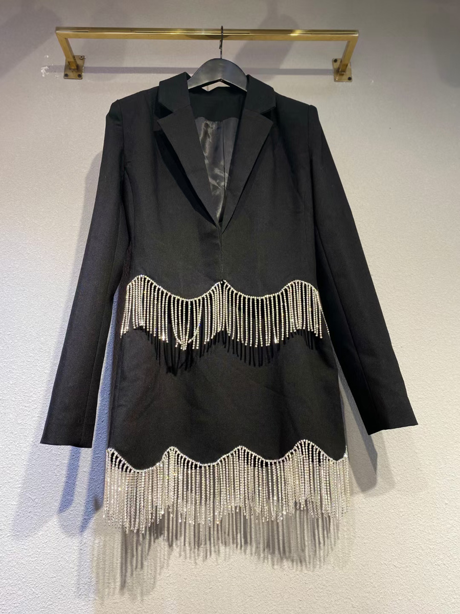 Womens turn down collar rhinestone tassel bottom short blazer suit coat SML