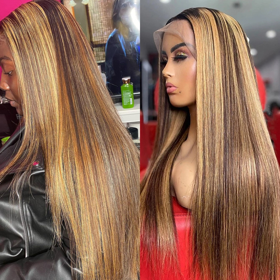 30 Inch Blonde Highlight Glueless 13x4 Front Human Hair For Women Bone Straight Lace Frontal Wig