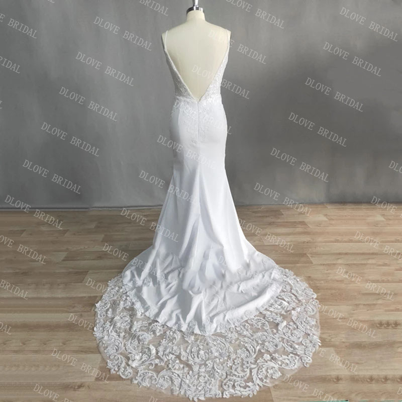Real Image Lace Mermaid Wedding Dress 2022 Spaghetti Straps V-Neck Backless Bridal Gown