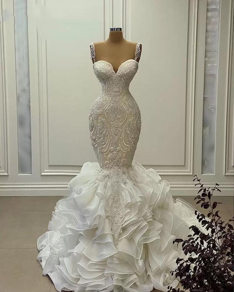 Luxury Crystals Beaded Mermaid Wedding Dresses Tiered Ruffles Skirt Cathedral Train Trumpet Lace Straps Sweetheart Bridal Dress