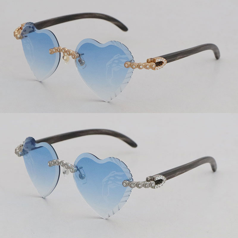Moissanite Dia Set Rimless Sunglasses for Women Original White Inside Black Buffalo Horn Men glasses Carved Angled iangle lens Big Stones Glasses