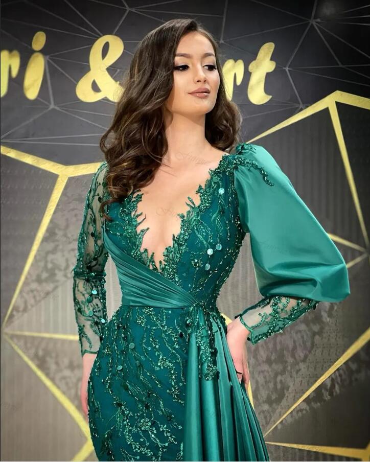 Hunter Green Pageant Prom Dresses Dubai Evening Gowns Mermaid Lace Sequin Muslim Formal Dress Long Sleeve Vestidos De Gala