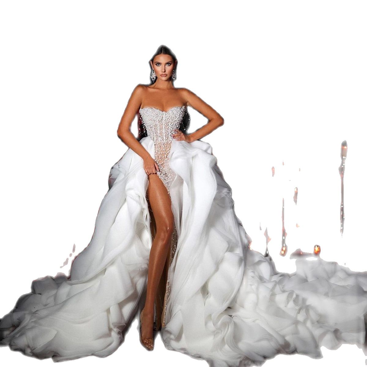 Exquisite Pearls Mermaid Wedding Dresses Luxury Sweetheart Tiered Ruffles Vestido De Noiva Custom Made High Split Bridal Dress