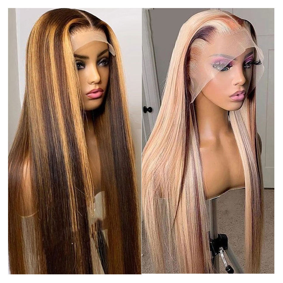 Transparent Blonde HD Full Lace Human Hair Wigs Colored Ombre Highlight Lace Frontal Synthetic Wigs For Black Women Preplucked Natural Hairline