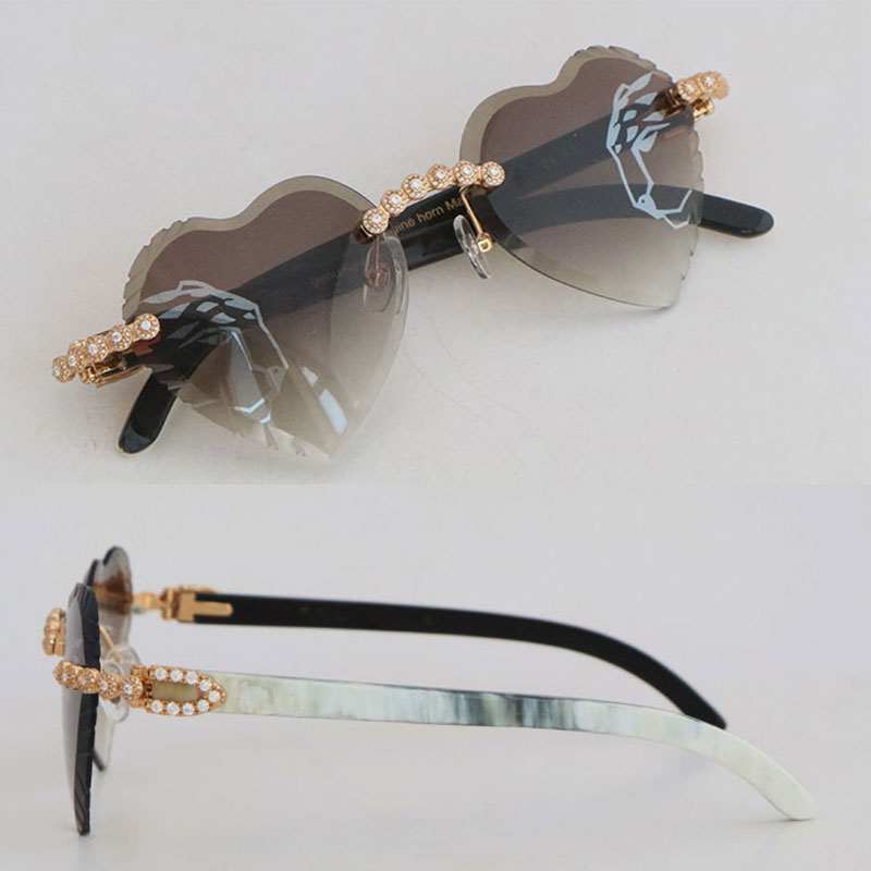 Moissanite Dia Set Rimless Sunglasses for Women Original White Inside Black Buffalo Horn Men glasses Carved Angled iangle lens Big Stones Glasses