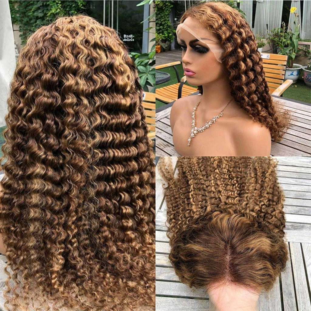 Honey Blonde Deep Curly Lace Front Wig for Black Women Brazilian Human Hair Highlight Curly 13x4 Frontal Wig HD Transparent Synthetic