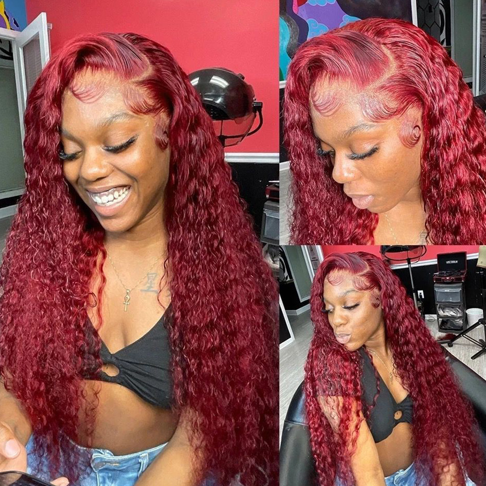 Burgundy Deep Wave Lace Frontal Wig 180% Density 13X4 Colored Red Curly Human Hair Wig HD Lace Synthetic Wigs
