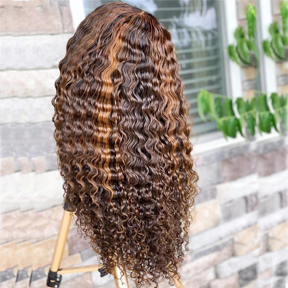 Honey Blonde Deep Curly Lace Front Wig for Black Women Brazilian Human Hair Highlight Curly 13x4 Frontal Wig HD Transparent Synthetic