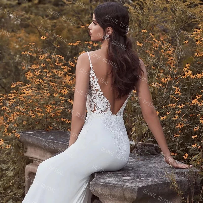 Real Image Lace Mermaid Wedding Dress 2022 Spaghetti Straps V-Neck Backless Bridal Gown