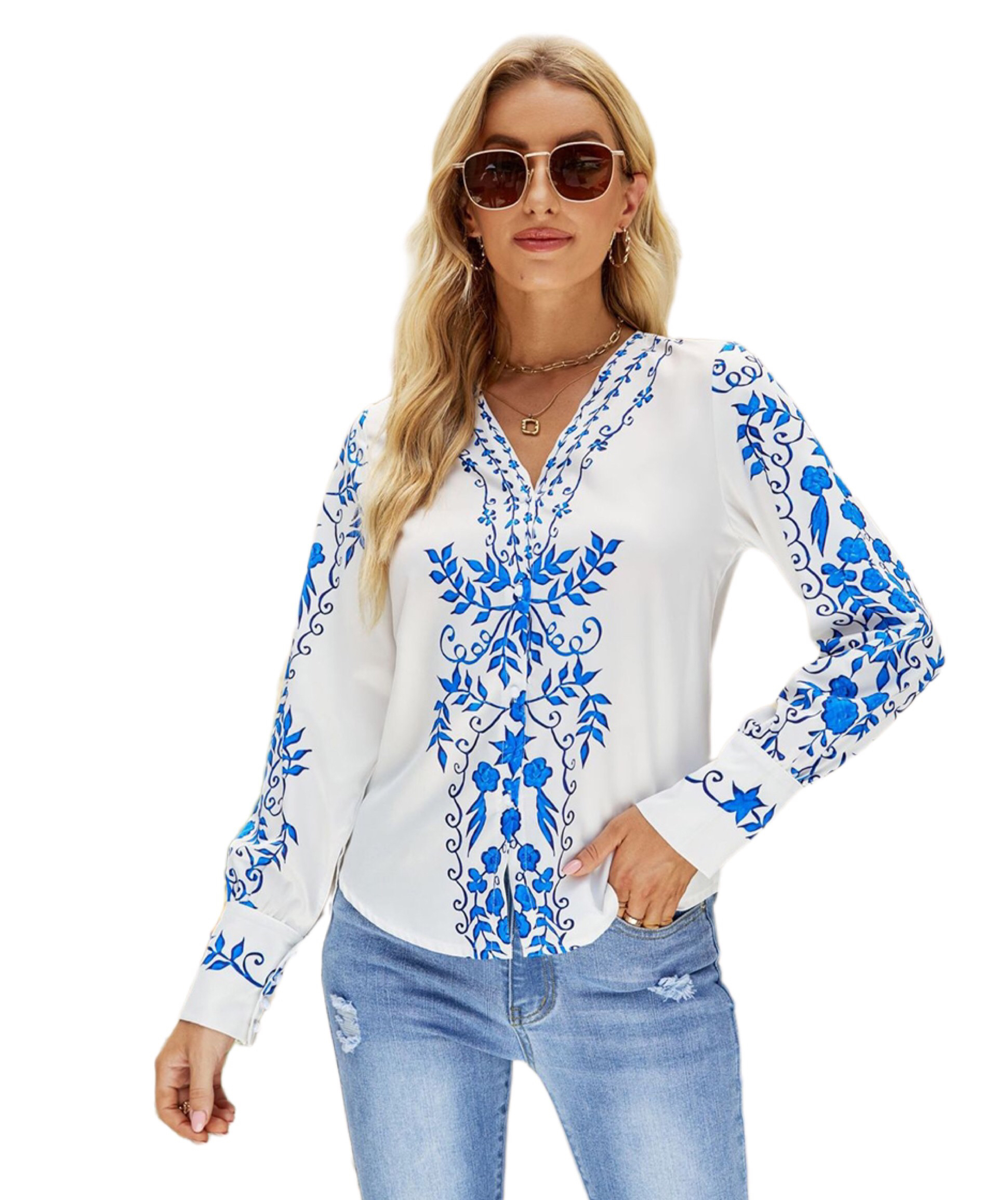 Women Shirts Ethnic Style Floral Printed Long Sleeve V Neck Casual Loose Blouse Shirt