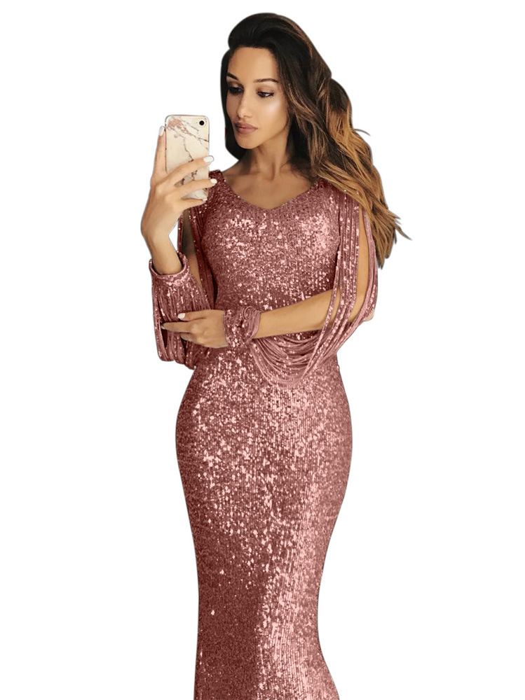 Party Dress Women's-Dress European and American Sequins Long-Dress Evening-Dress Long Sleeve Tassel Sleeve Dinner V-Neck