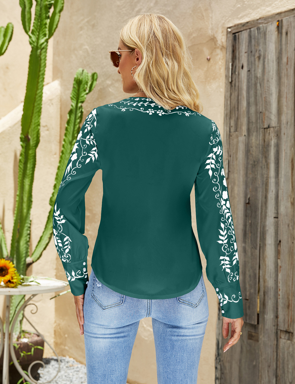 Women Shirts Ethnic Style Floral Printed Long Sleeve V Neck Casual Loose Blouse Shirt