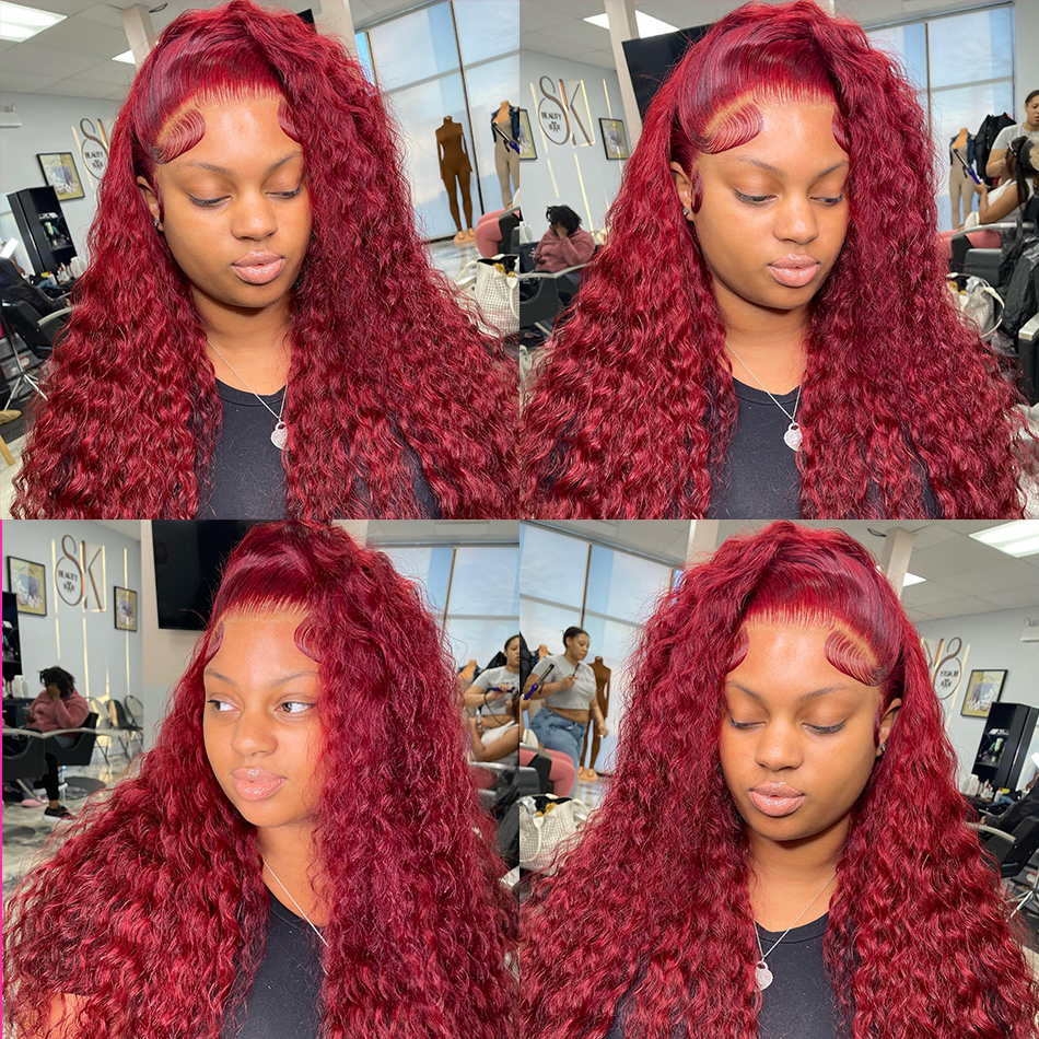 13x4 Red Color 180% Curly Human Hair Wigs for Women 99J Bury Transparent Deep Wave Lace Frontal Wig Synthetic