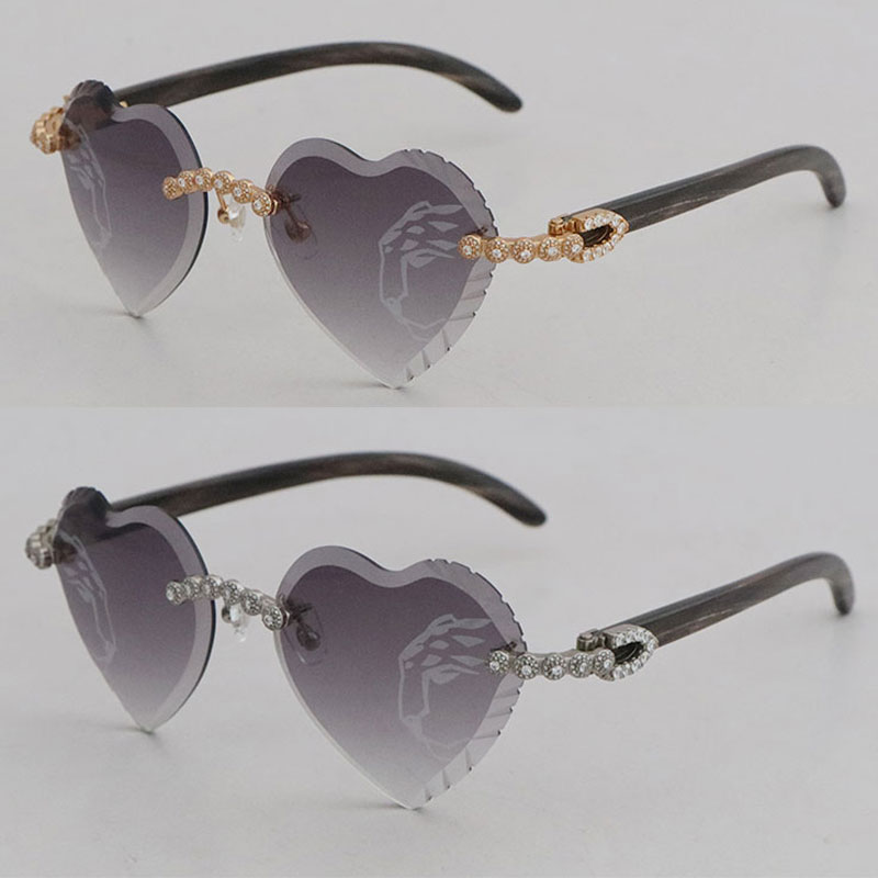 Moissanite Dia Set Rimless Sunglasses for Women Original White Inside Black Buffalo Horn Men glasses Carved Angled iangle lens Big Stones Glasses