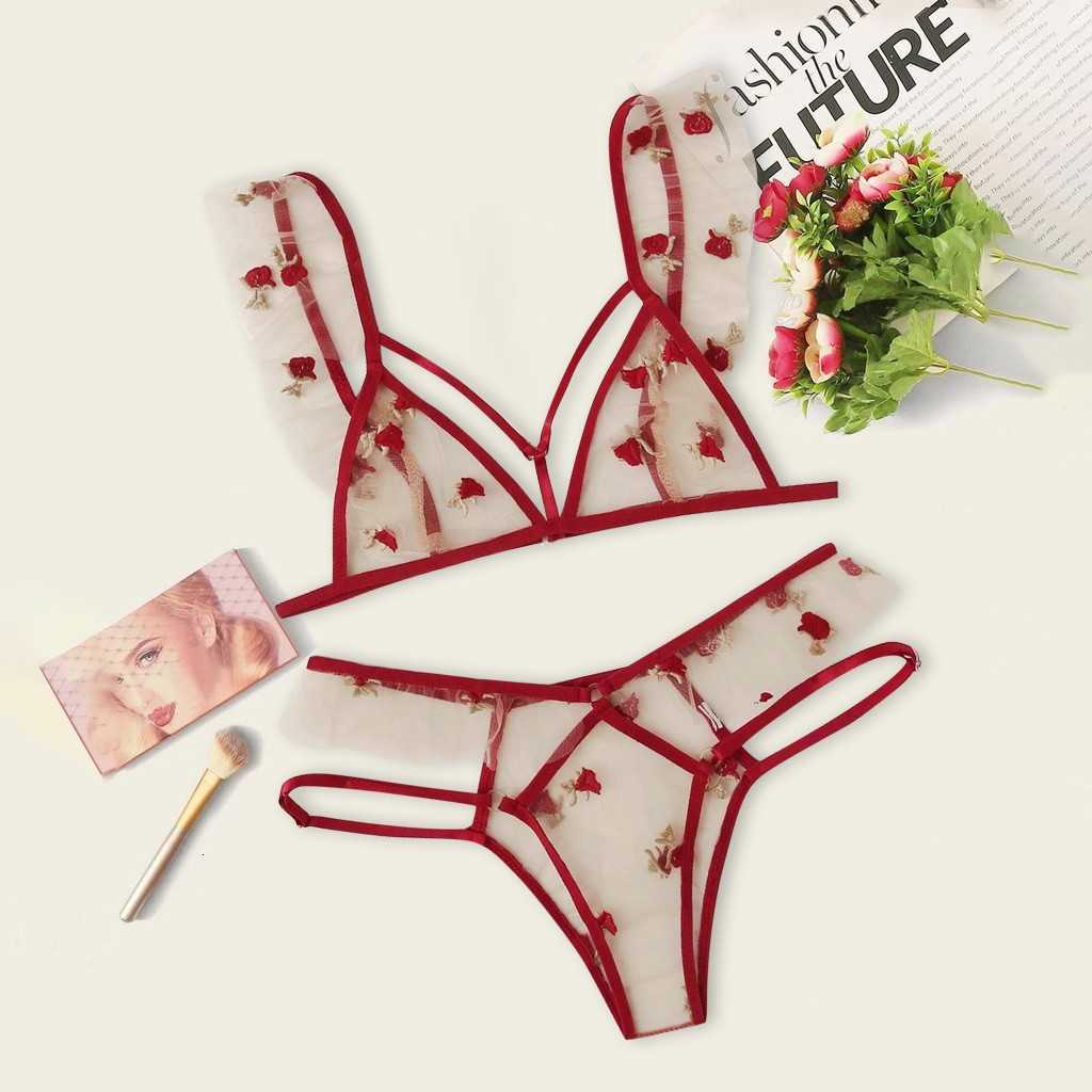 Image of Sexy Set Exotic s Lace Embroidery Underwear Flower G-String Thong Sleepwear Lingerie Lady Transparent Babydoll Bra