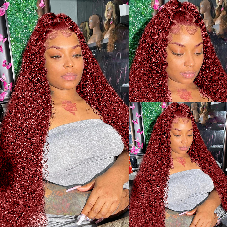13x4 Red Color 180% Curly Human Hair Wigs for Women 99J Bury Transparent Deep Wave Lace Frontal Wig Synthetic