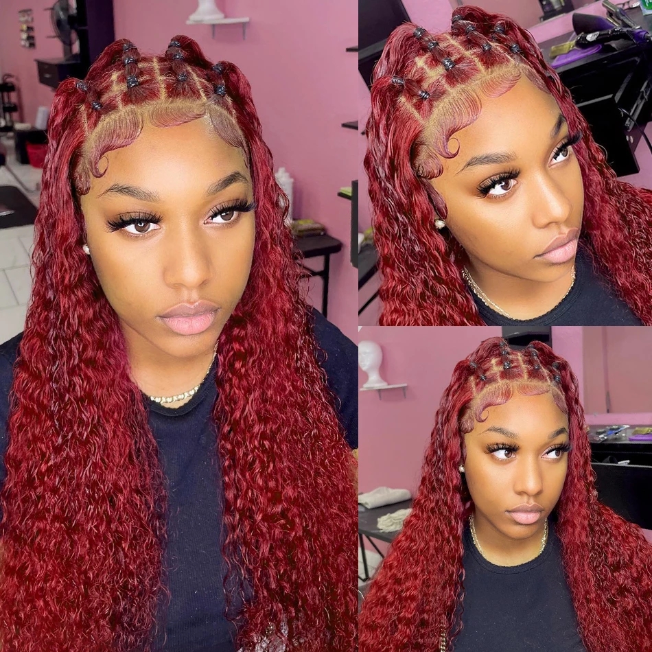13x4 Red Color 180% Curly Human Hair Wigs for Women 99J Bury Transparent Deep Wave Lace Frontal Wig Synthetic
