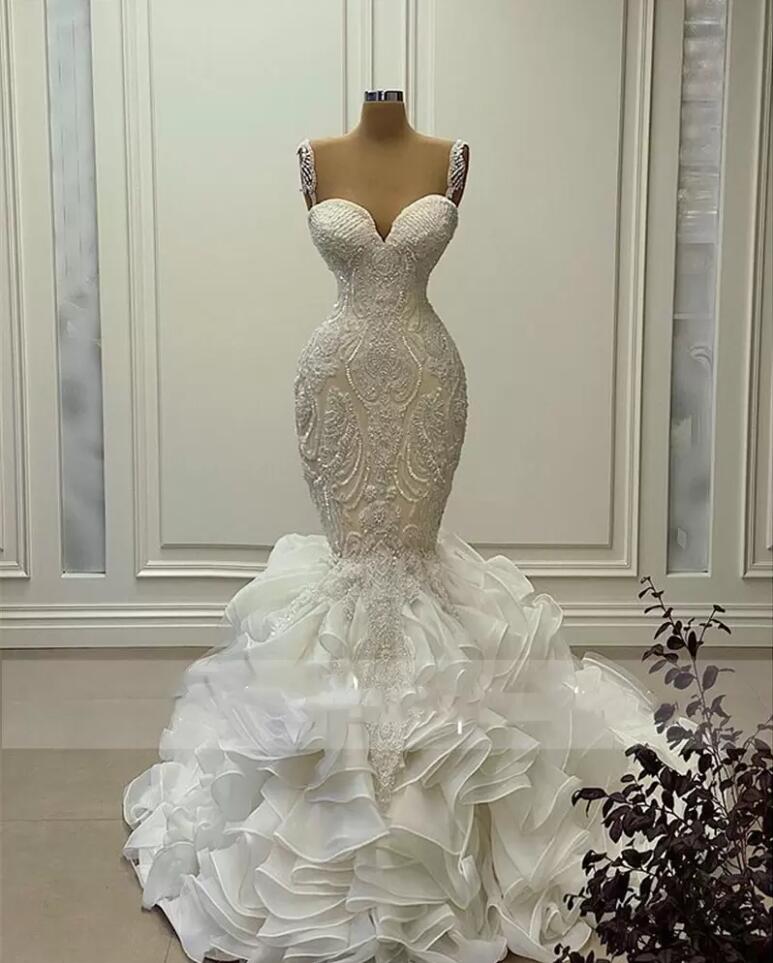 Luxury Crystals Beaded Mermaid Wedding Dresses Tiered Ruffles Skirt Cathedral Train Trumpet Lace Straps Sweetheart Bridal Dress