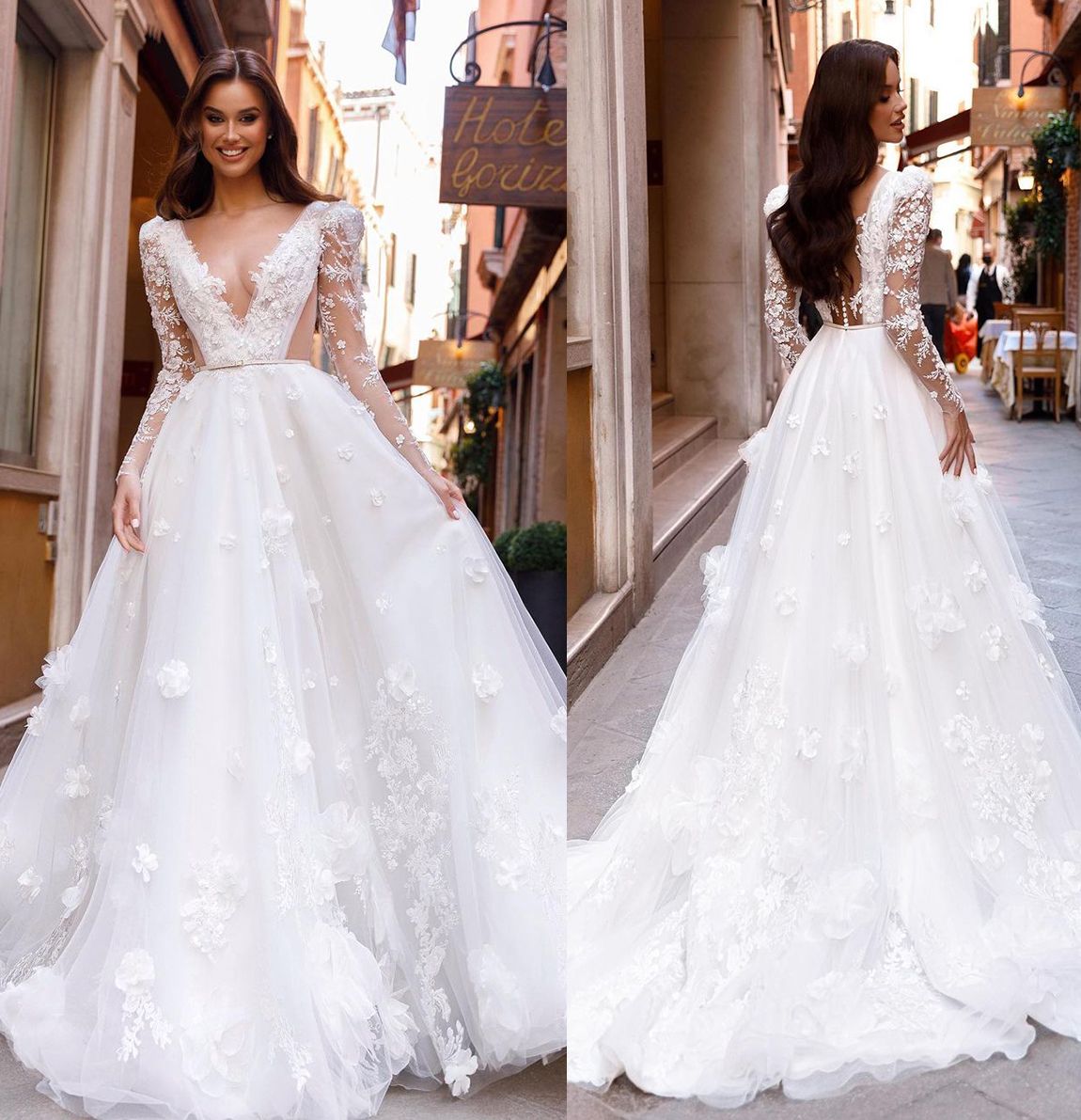 Fancy A Line Wedding Dress Lace Appliques Puff Sleeves Bridal Gowns Deep V Neck Robe de mariee